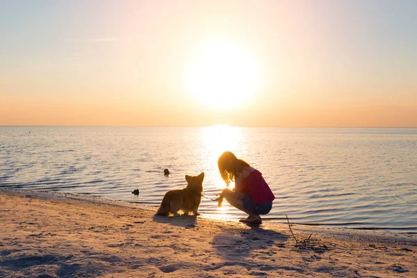 Happy Σαββατοκύριακο Στη Θάλασσα Κορίτσι Ένα Σκύλο Στην Παραλία Ουκρανικά — Φωτογραφία Αρχείου