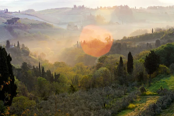 Mist Typisch Toscaanse Landschap Een Weergave Van Een Villa Een — Stockfoto