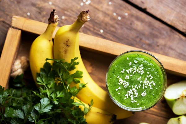 Hälsosam Frukost Persilja Äpple Och Banan Smoothies Mat Och Vegetarianis — Stockfoto