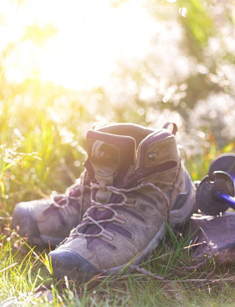 Viajar Turista Excursión Través Las Montañas Las Botas Bastón Trekking —  Fotos de Stock