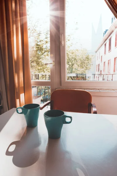 Beautiful Blue Cups Tea Table Early Mornin — Stock Photo, Image