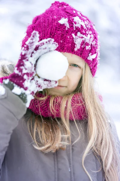 Winter Vacation Little Smiling Girl Outdoors Snowfall Tim — Stock Photo, Image