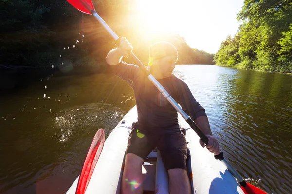 Summer Active Sport Man Kayaking Sunset Tim — Stock Photo, Image