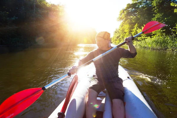 Summer Active Sport Man Kayaking Sunset Tim — Stock Photo, Image