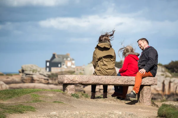 Happy Dad Two Daughters Sits Bench Sea Shore Tregastel Brittany — Stock Photo, Image