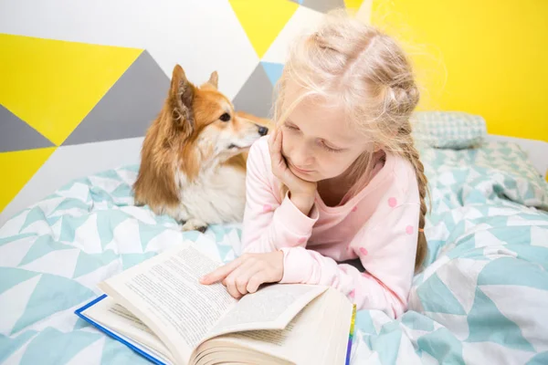 Lustiges Mädchen Und Hundecorgi Auf Dem Bett Kinderzimmer Das Ein — Stockfoto