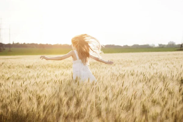 Happy Summer Freedom Beautiful Little Girl Wheat Field Sunny — Stock Photo, Image