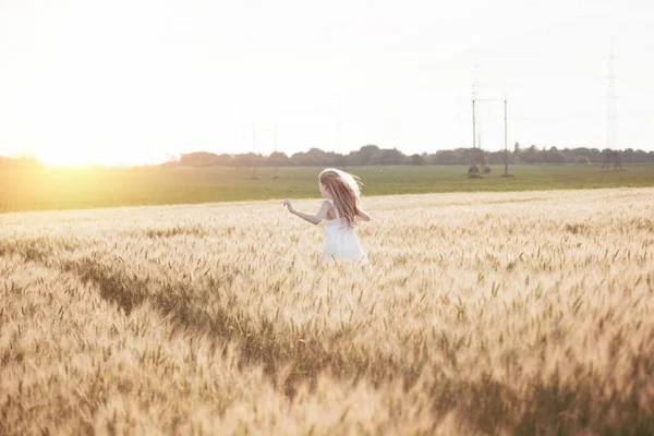 Happy Summer Freedom Beautiful Little Girl Wheat Field Sunny — Stock Photo, Image