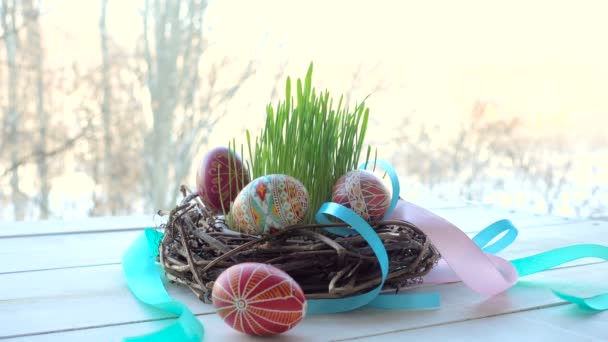 Nido Casero Con Grupo Huevos Pascua — Vídeos de Stock