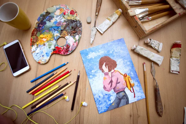 Creative Weekend Girl Paints Picture Oil Paint — Stock Photo, Image