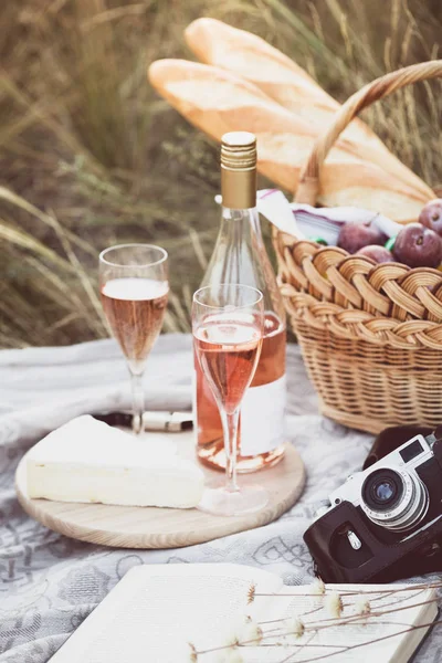 Verão Piquenique Prado Baguete Vinho Copos Uvas Queijo Brie Baguete — Fotografia de Stock