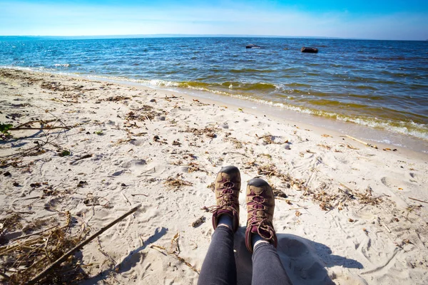 Kängor Närbild Flicka Turist — Stockfoto