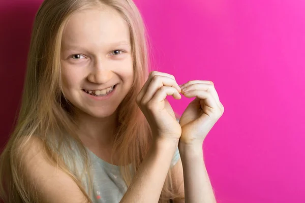 Smiling Girl Folded Hands Shape Hear — Stock Photo, Image