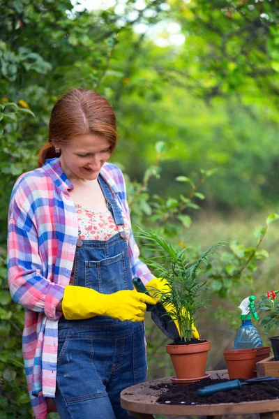 Niña Sonriente Planta Una Flor Jardín Macetas Plantas Para Transplantin —  Fotos de Stock