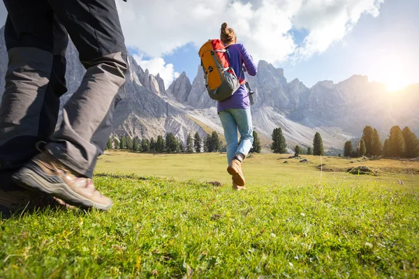 Kängor Närbild Turist Promenader Den Puez Odle Ital — Stockfoto