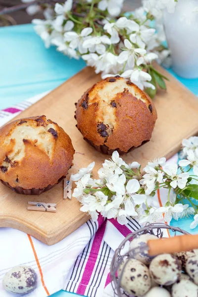 ハッピー イースターの卵や桜の背景にカップケーキのバスケット — ストック写真