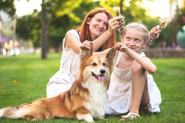 Leuke Familie Lachende Moeder Dochter Corgi Pluizig Zitten Het Gazon — Stockfoto