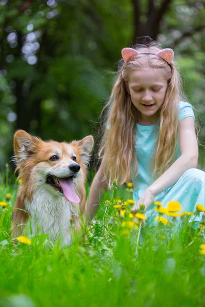 犬を屋外に持つ女の子 — ストック写真