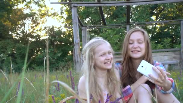 芝生の上に座って自分撮りを作る笑顔の姉妹 — ストック動画
