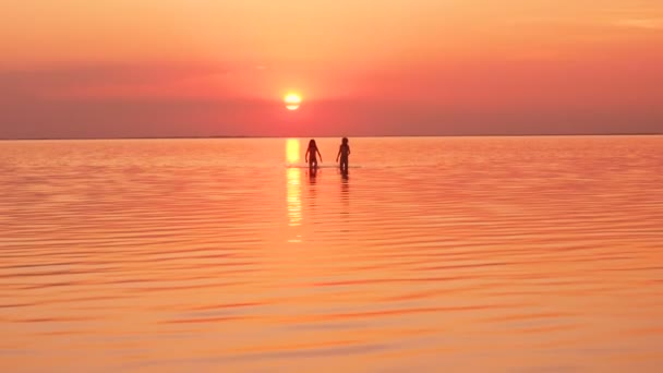 Crianças Caminhando Pelo Mar Hora Pôr Sol — Vídeo de Stock