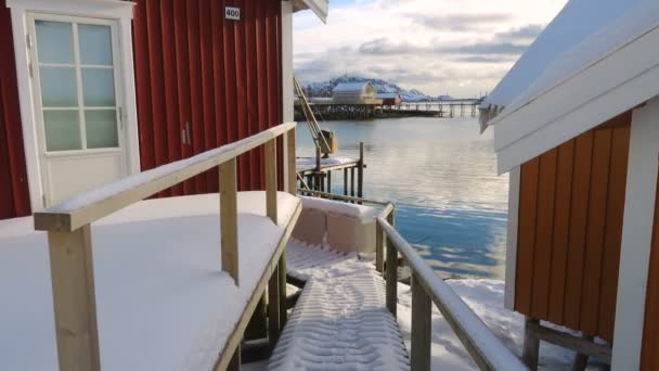 Walking Red Houses Rorbu Quiet Bay Reine Town Lofoten Archipelago — Stock Video