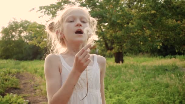 Niña Jugando Con Flor Diente León Los Rayos Del Sol — Vídeos de Stock