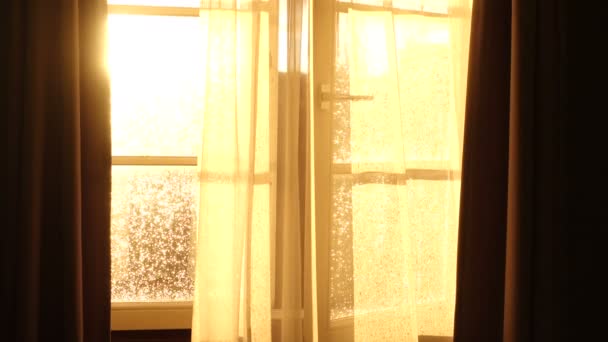 Sunbeams Transparent Curtain Opened Window Time Beautiful Red Sunset Light — Stock Video