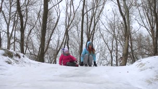 母亲和女儿在雪地上滑动 在冬天散步的时候玩得开心 — 图库视频影像