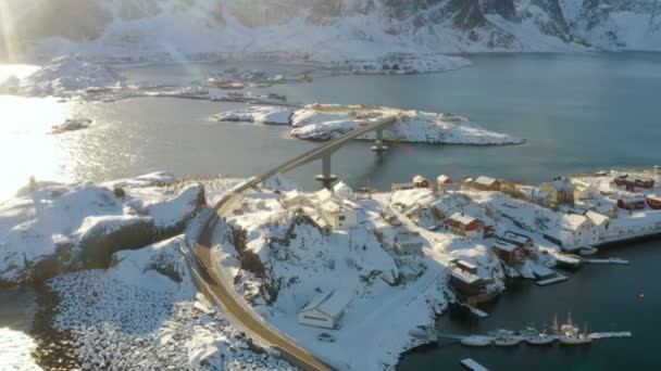 Lofoten Îles Montagnes Lever Soleil Panorama Aérien — Video