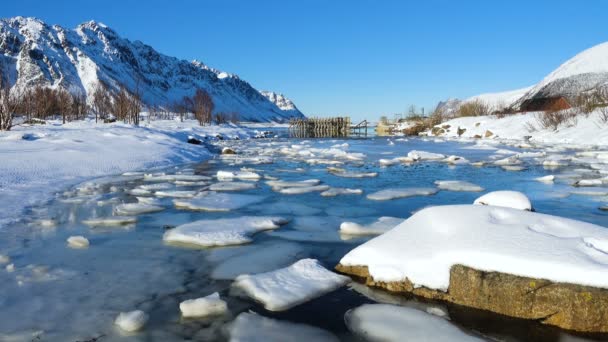 Vinter Berg Och Snöade Havet Stranden Den Ljusa Soliga Dagen — Stockvideo