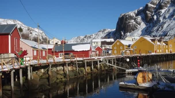 View Famous Traditional Multicolored Wooden Fishing Houses Rorbu Sea Shore — Stock Video