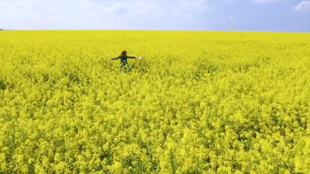 Gelukkig Mooi Meisje Genieten Bloeiende Koolzaad Veld Heldere Zonnige Dag — Stockvideo