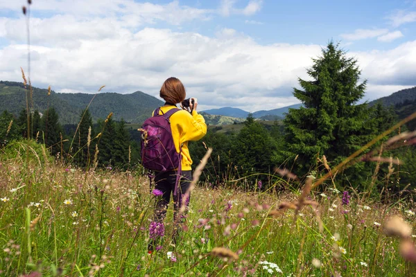 Ragazza turistica in piedi al prato — Foto Stock