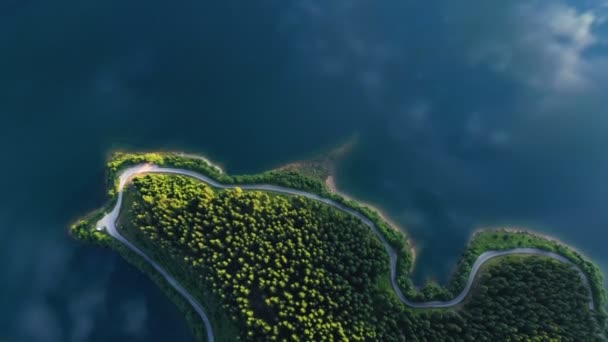Вечерняя Воздушная Панорама Озера Красивыми Отражениями Береговой Линией Соснового Леса — стоковое видео