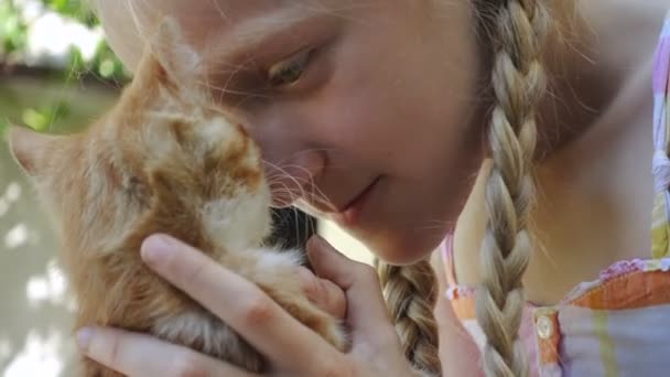 Dítě Dívka Hrát Koťátkem Žlutém Pozadí — Stock video