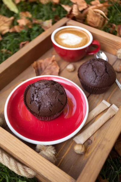 Tasse Kaffee mit Schokoladenmuffins — Stockfoto