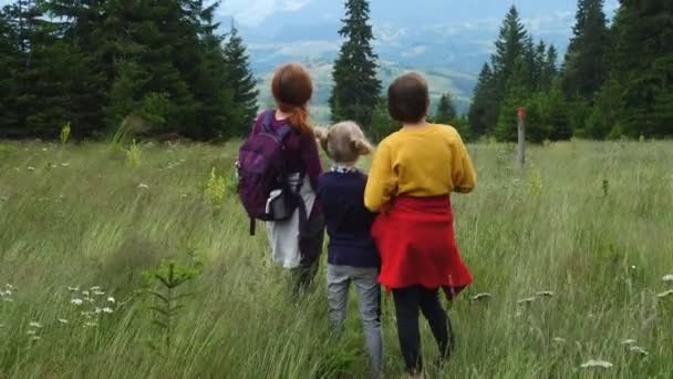 Mutter Mit Töchtern Beim Sommerwandern Den Bergen — Stockvideo