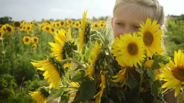 Mädchen Hält Einen Strauß Sonnenblumen Auf Dem Feld — Stockvideo