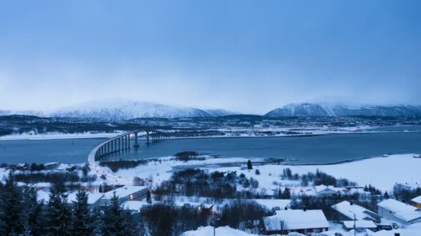 Tromso Winter Skyline Bei Schneefall Arktisches Norwegen — Stockvideo