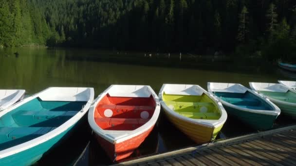 Ljusa Mångfärgade Båtar Lacu Rosu Lake Shore Rumänien — Stockvideo