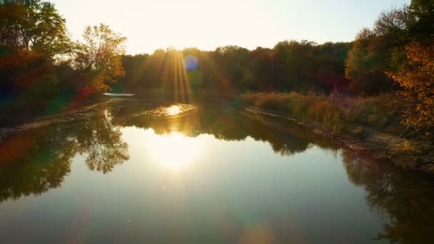 Πετώντας Πάνω Από Ποτάμι Του Φθινοπώρου Στιγμή Του Ηλιοβασιλέματος — Αρχείο Βίντεο