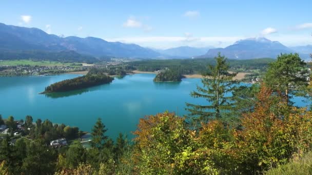 Höst Utsikt Över Den Austriska Sjön Faakersee Från Synvinkel Soliga — Stockvideo