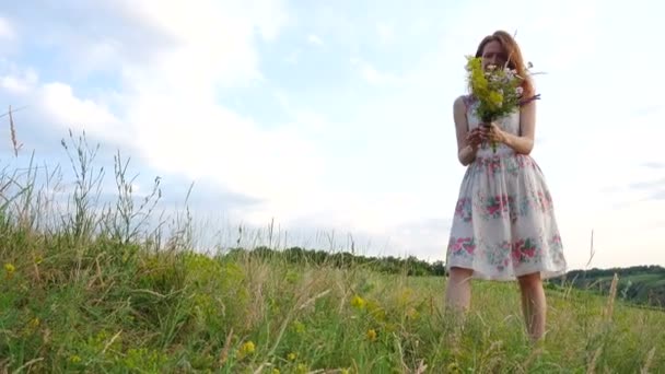 Flicka Samla Blommor Ängen — Stockvideo