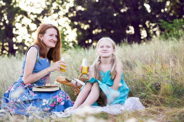 Lato Piknik Prowansalski Łące Rodzina Mama Córka Pobliżu Kosza Piknikowego — Zdjęcie stockowe