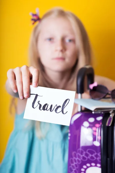 Happy Weekend Smiling Girl Going Trip Luggage Map Glasses Camera — Stock Photo, Image