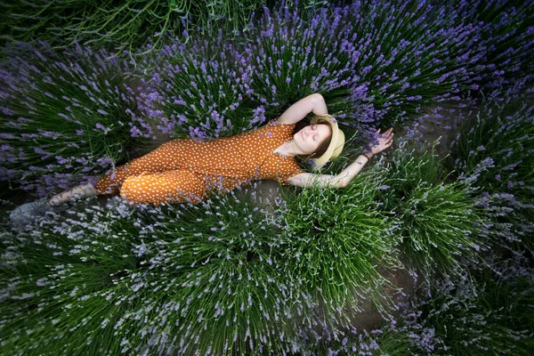 Provence Girl Lies Lavender Fiel — Stock Photo, Image