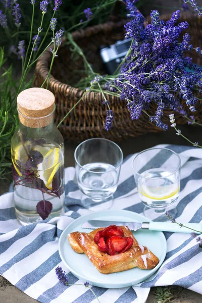 Piquenique Campo Lavanda Limonada Com Limão Manjericão Rolo Com Morango — Fotografia de Stock