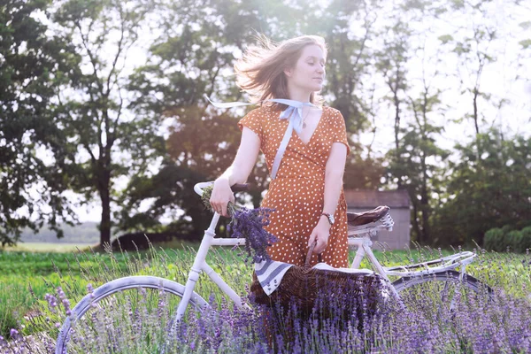 Provence Menina Com Uma Bicicleta Retro Uma Cesta Lavanda Campo — Fotografia de Stock