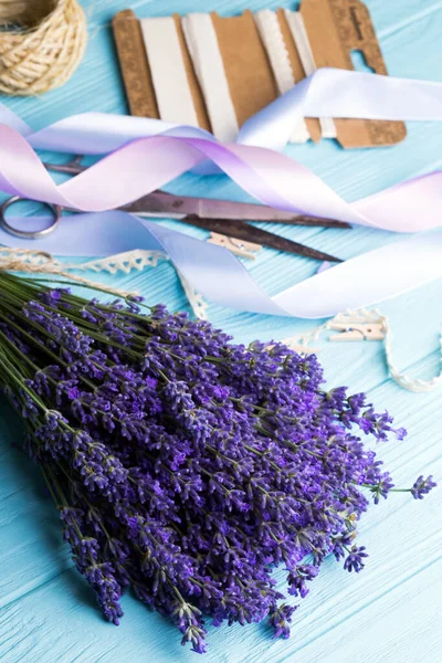 Still Life Creating Bouquet Lavender Ribbons Scissors Blue Backgroun — Stock Photo, Image