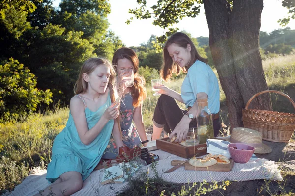 Sommer Familie Beim Picknick Auf Einer Wiese Wald — Stockfoto